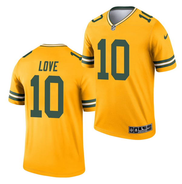 Men's Green Bay Packers #10 Jordan Love 2021 Gold Inverted Legend Stitched Football Jersey
